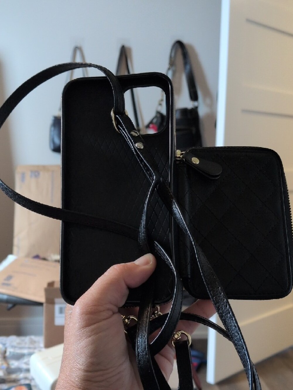 Quilted Black Zipper Phone Case with Card Pocket - Compatible Cell Accessory - Picture 4 of 4